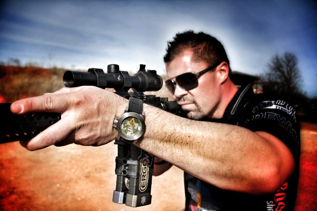 3-Gun Shooter Jesse Tischauser wearing Morpheus M1A2 Tank Watch